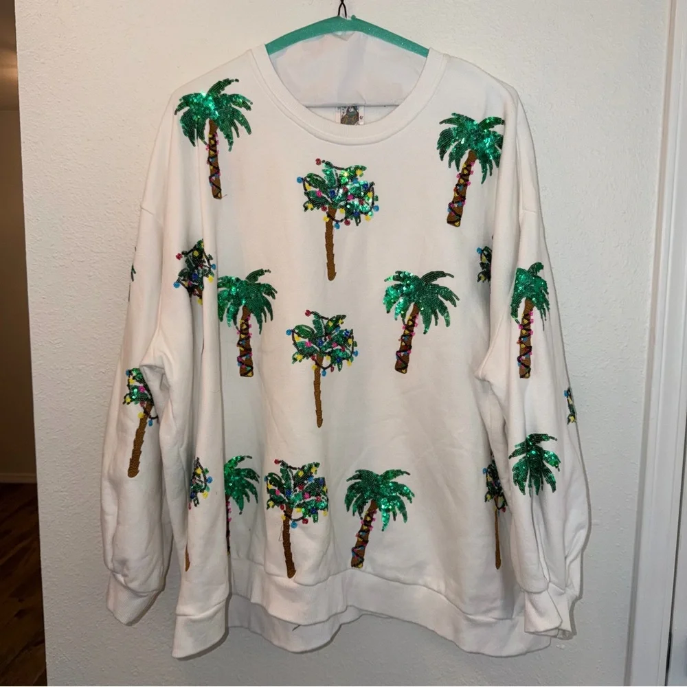 White Christmas Light & Palm Tree Sweatshirt by Queen of Sparkles. - Picture 3 of 6